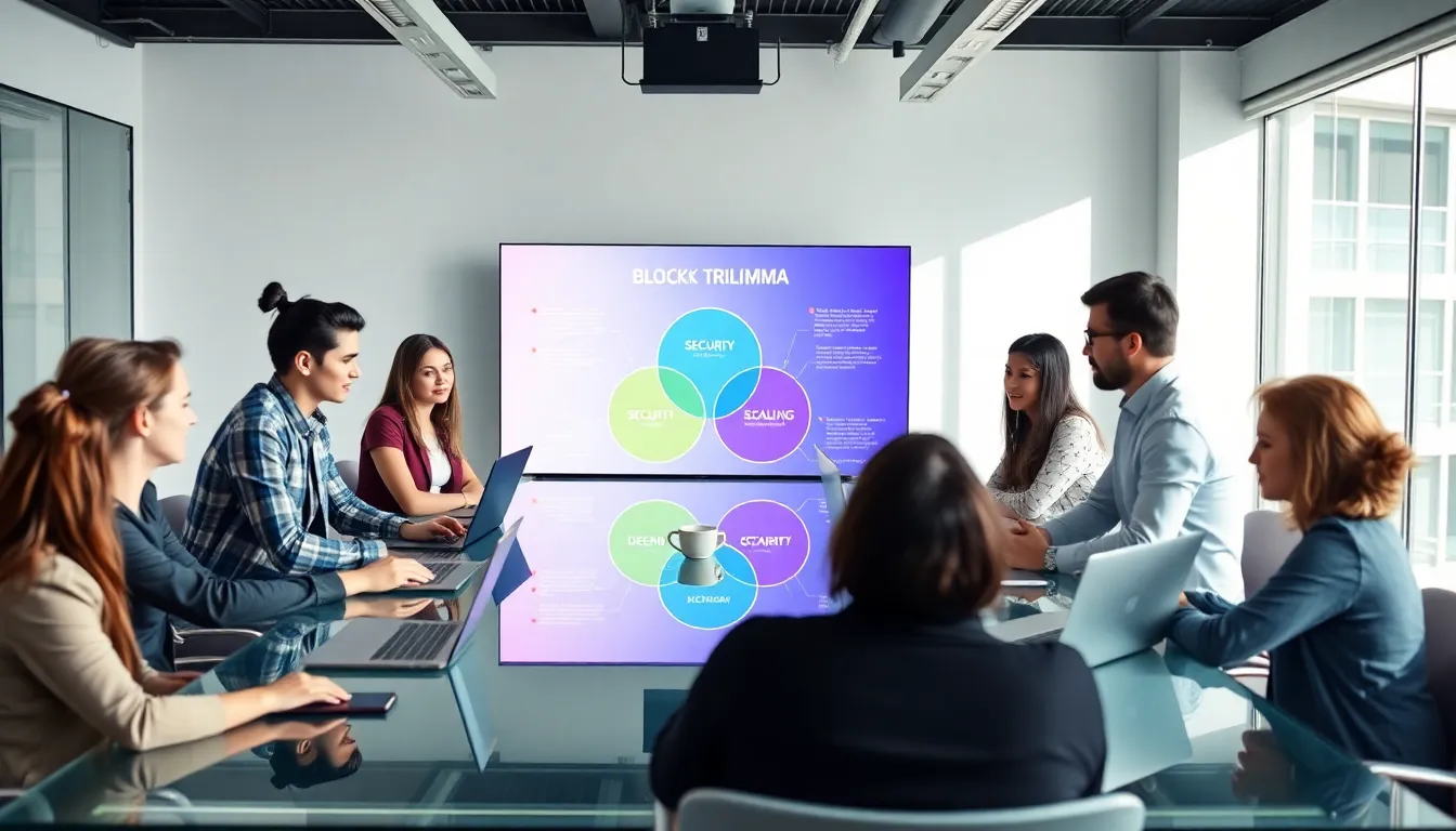 professionals discussing blockchain trilemma in a modern office.