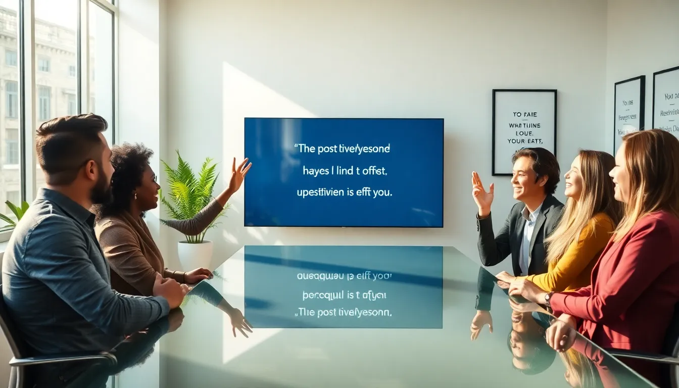diverse team sharing happy inspirational quotes in a bright office.