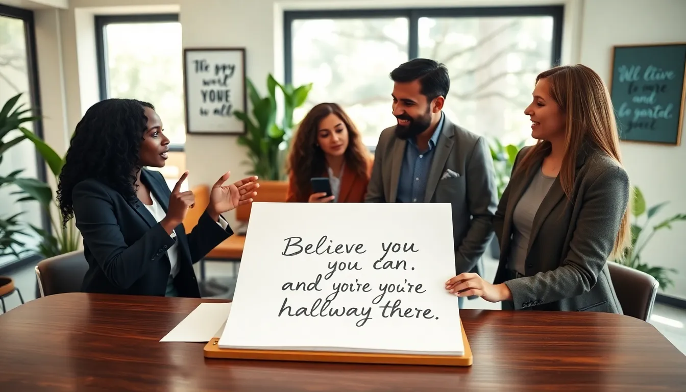 diverse professionals discussing inspirational quotes in a modern office.