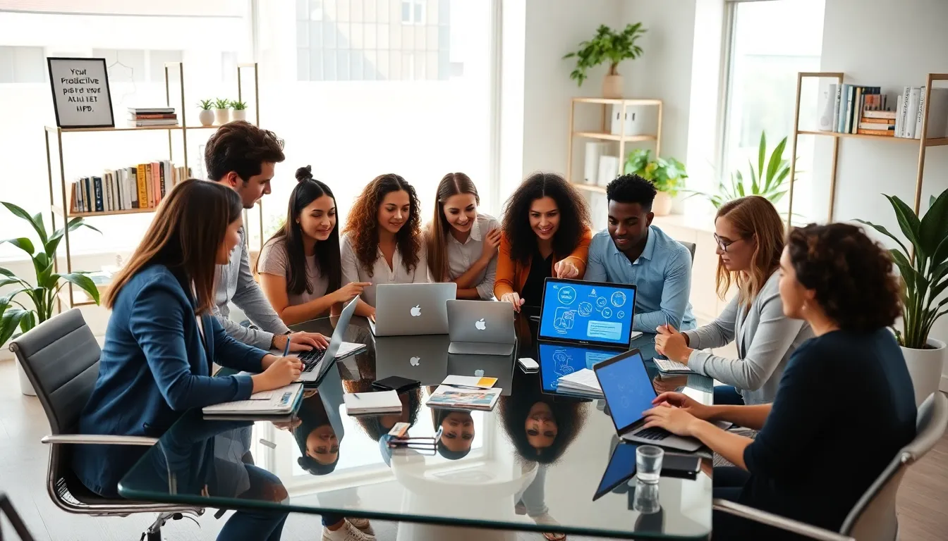 diverse team discussing productivity strategies in a modern office.