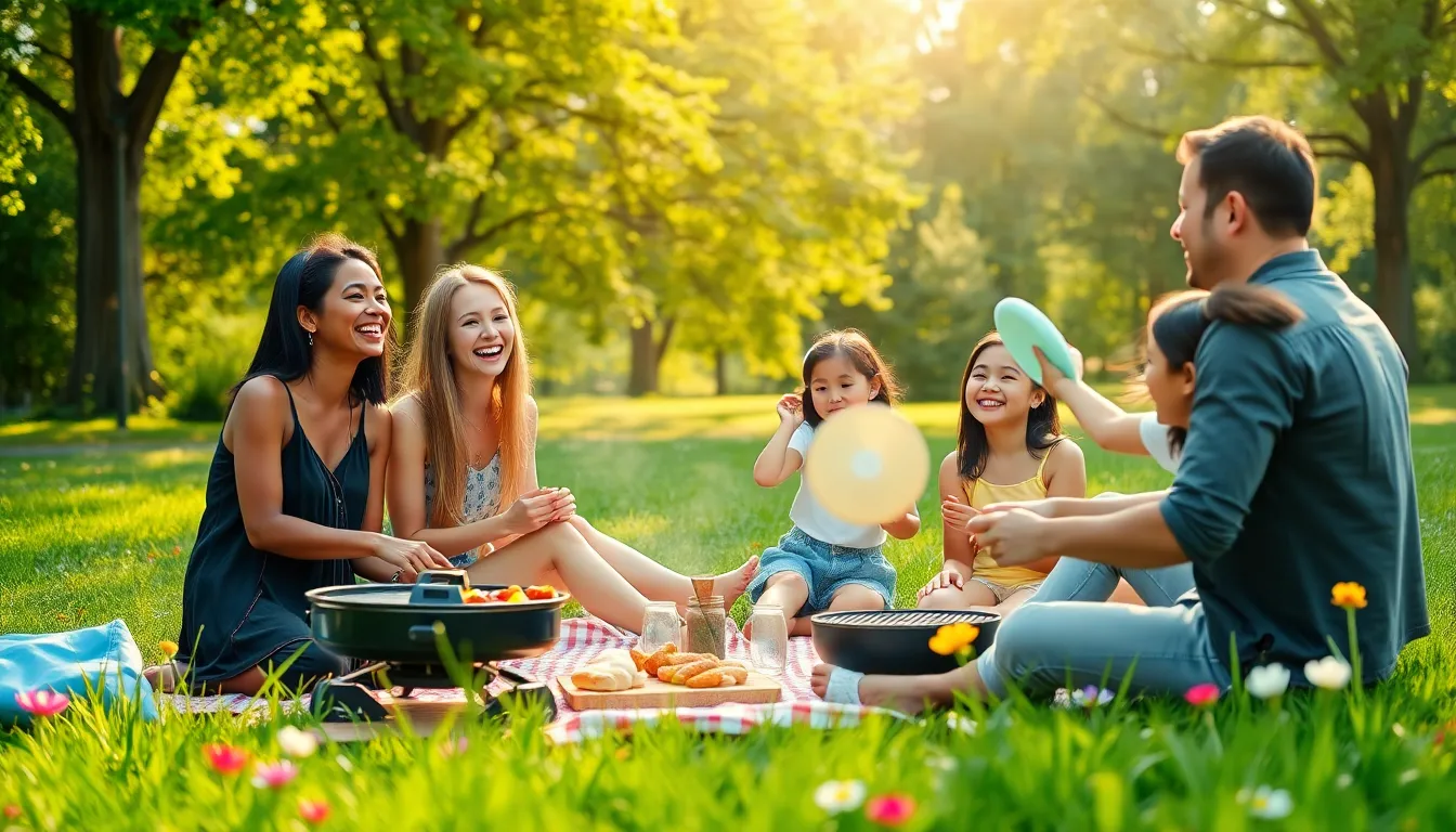 friends enjoying a picnic in a sunny park.