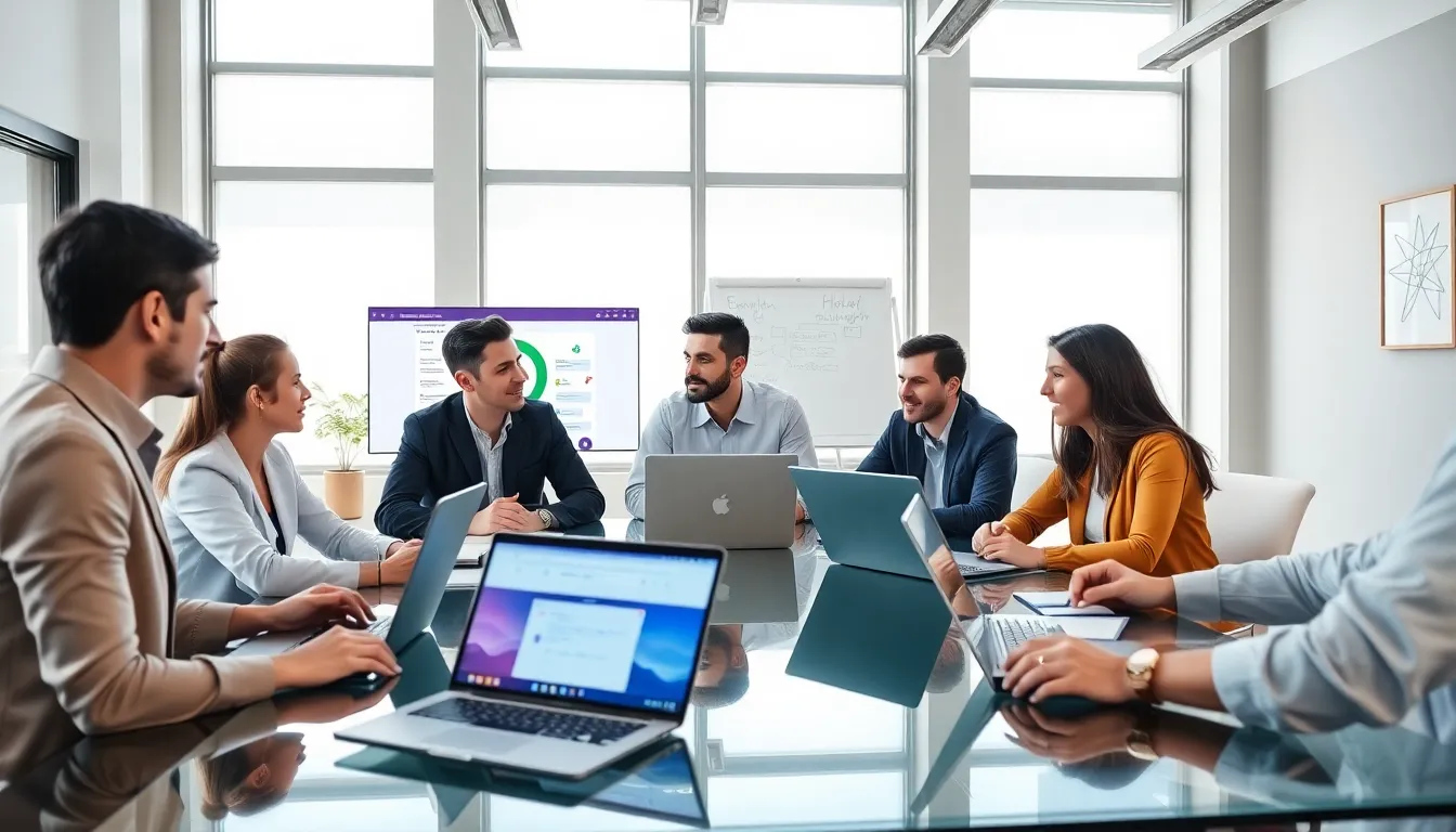 professionals collaborating in a modern office using ChatGPT for productivity.
