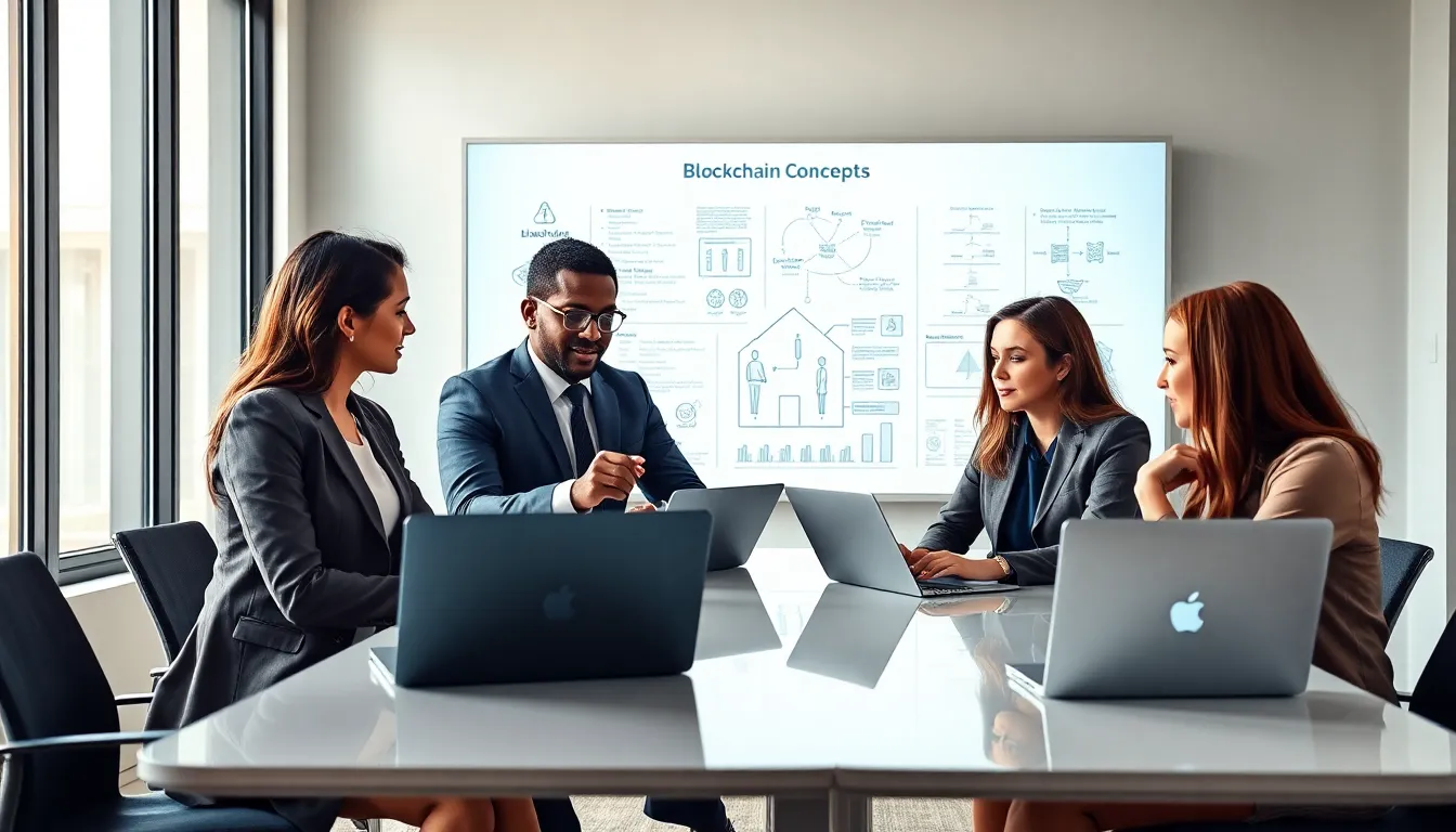 diverse team discussing blockchain concepts in a modern office.