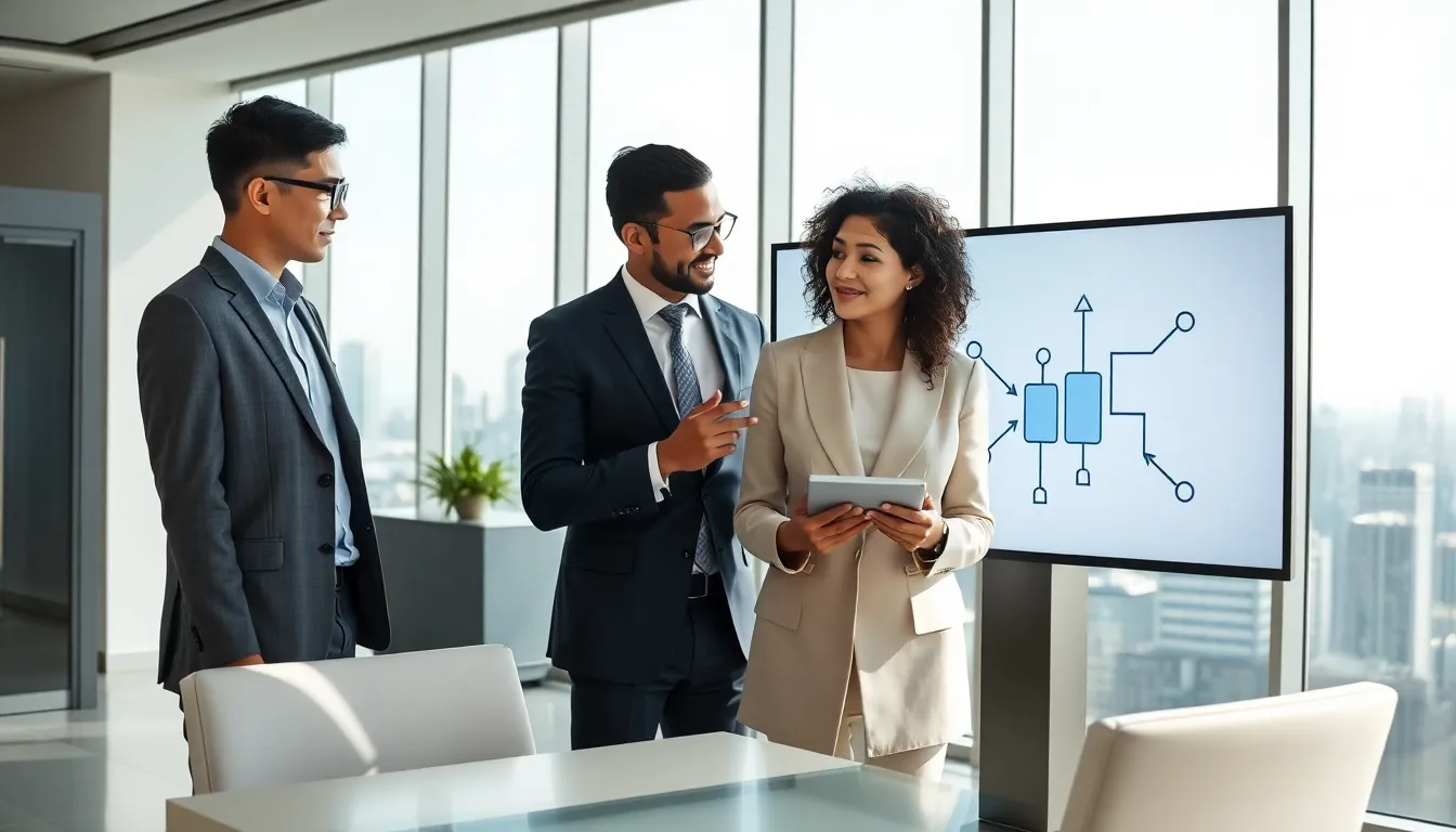 diverse team discussing blockchain technology in a modern office.