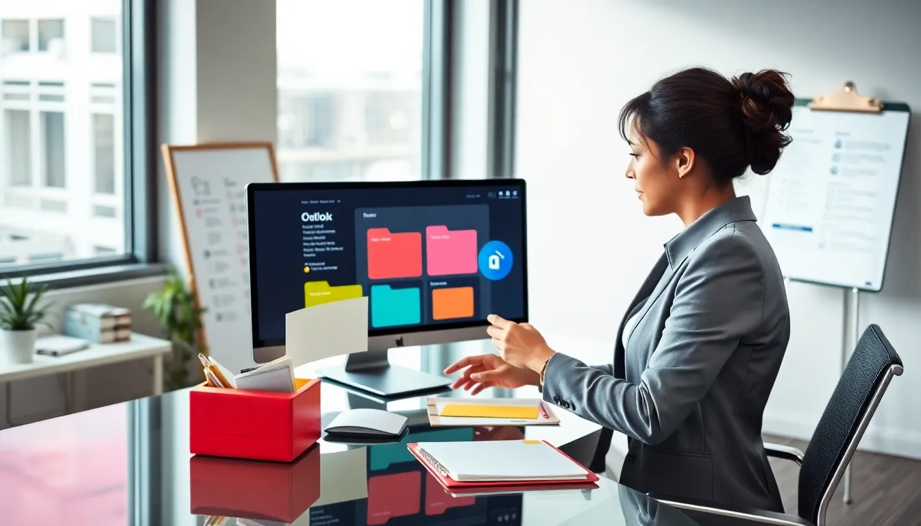 business professional organizing emails in a modern office setting.