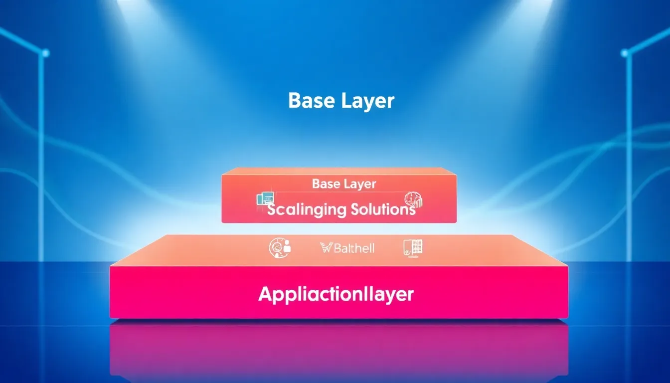 infographic illustrating blockchain architecture with three layers.