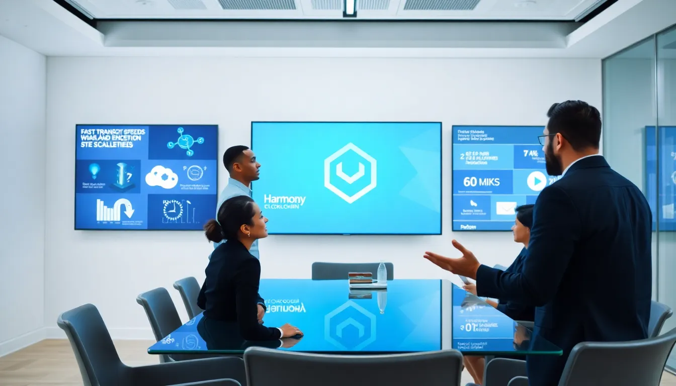 diverse team discussing harmony blockchain in a modern office.