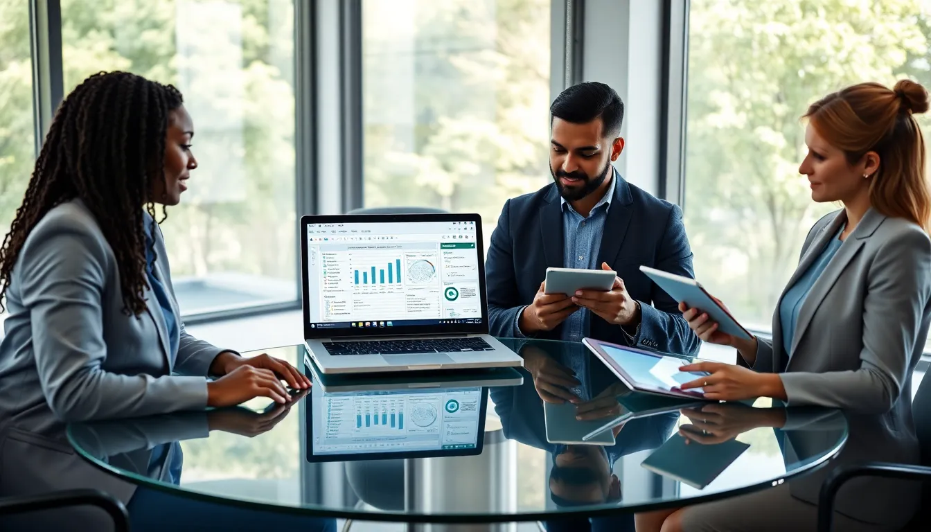 professionals collaborating on Excel productivity hacks in a modern office.