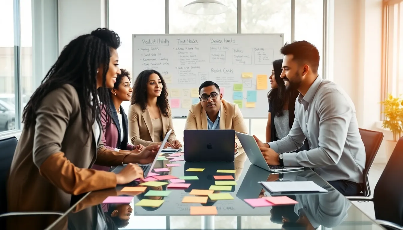diverse team brainstorming productivity strategies in a modern office.