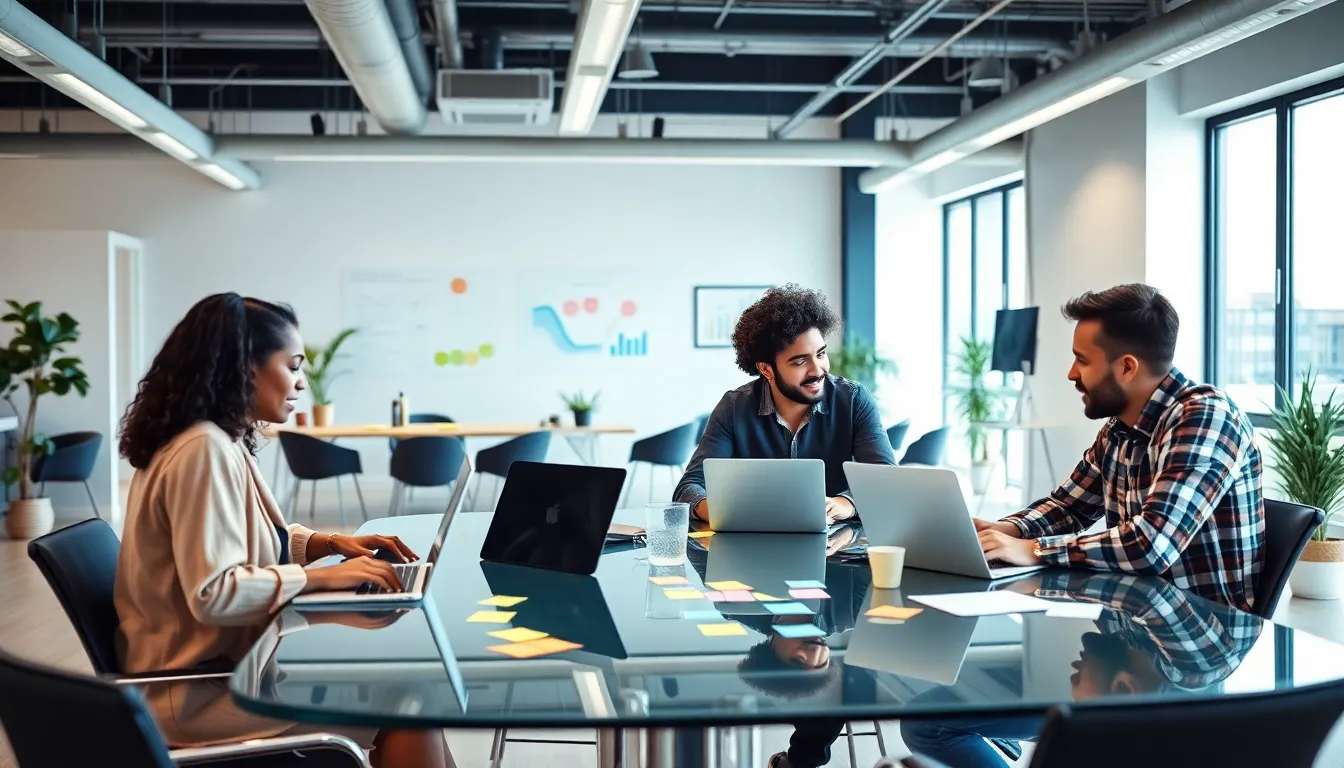 diverse developers collaborating in a modern office setting.