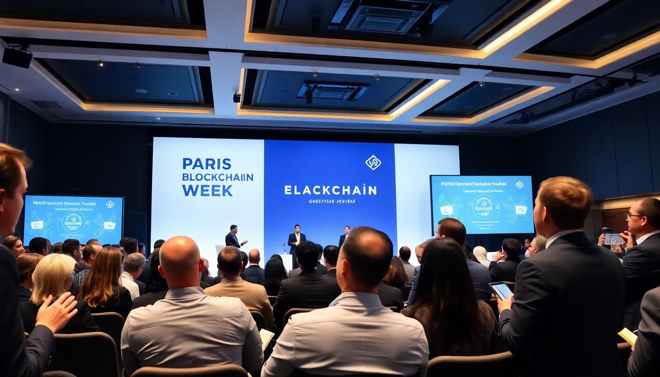 diverse professionals engaging at Paris Blockchain Week conference.