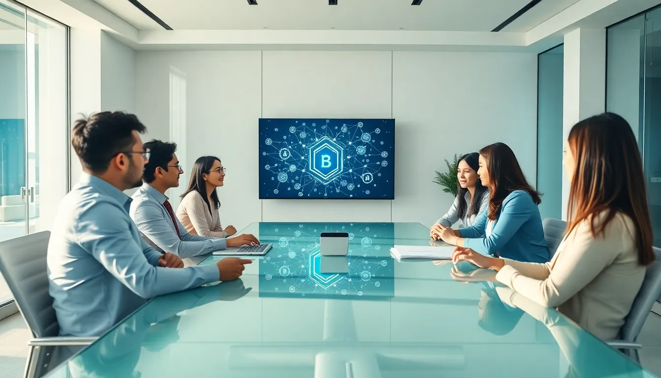 diverse team discussing blockchain technology in a modern office.