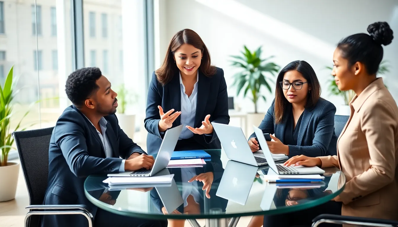 diverse team collaborating on productivity strategies in a modern office.