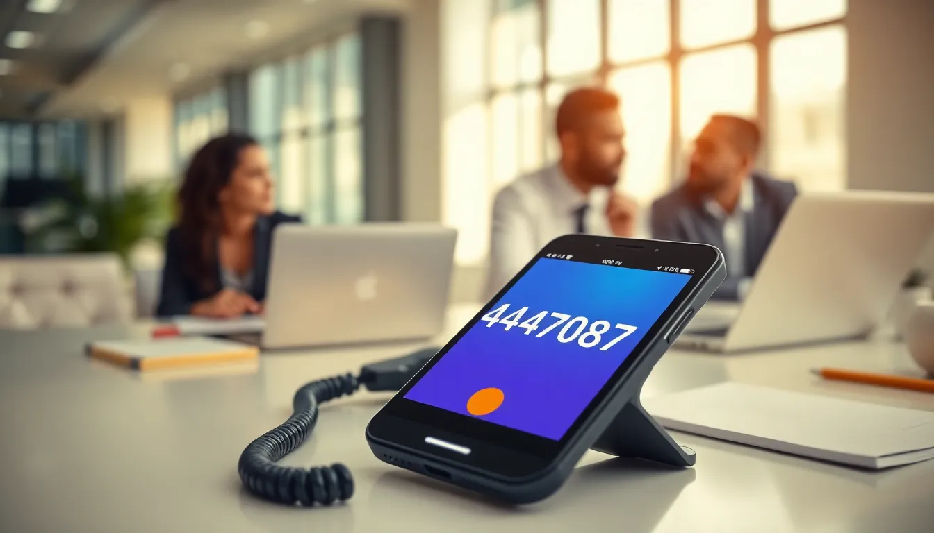 close-up of a smartphone displaying a phone number in a professional setting.